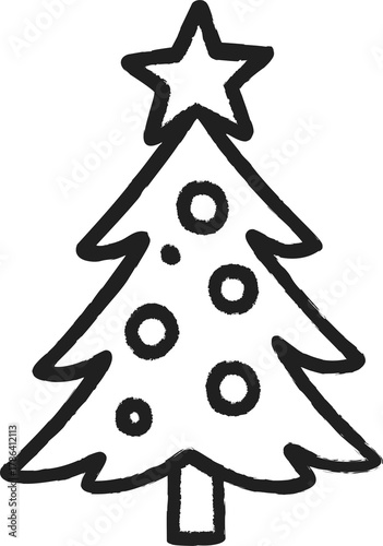 Simple black and white doodle of a Christmas tree with round ornaments and a star on top, drawn in a playful hand-drawn style.