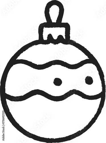 Simple black and white doodle of a Christmas ornament ball with wavy line decoration and a small loop on top, drawn in a playful hand-drawn style.