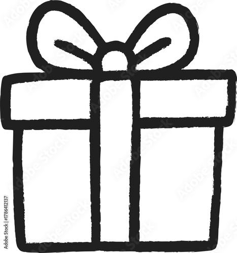 Minimal black and white doodle of a wrapped gift box with a large bow on top, drawn in a simple festive hand-drawn style.