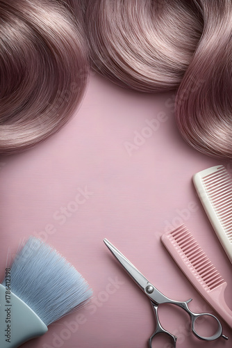 Champagne Pink S‑Wave Hair Banner with Pastel Salon Tools, Vertical Poster, Copy Space