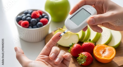 Healthy lifestyle and diabetes management concept with fresh fruits and glucometer for healthy eating and blood sugar monitoring