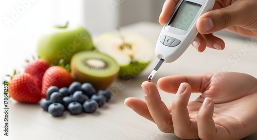 Health management concept with blood glucose test and fresh fruits for diabetes awareness and healthy lifestyle