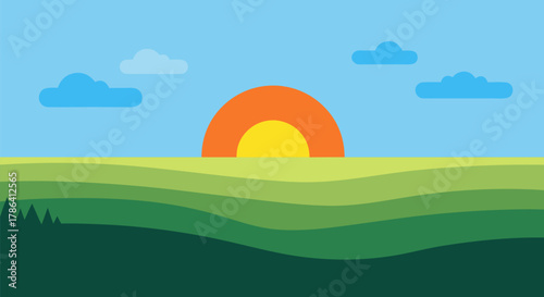 Vibrant Flat Design Vector Illustration of a Serene Landscape with Rolling Green Hills and a Majestic Sun in a Clear Blue Sky, Evoking Peace and Tranquility