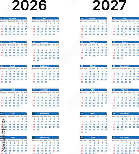 2026 and 2027 calendar template. Wall planner template design. Week starts on Sunday.
