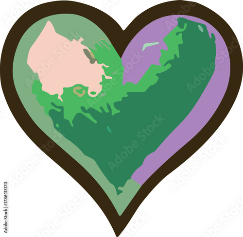Abstract heart shape with green, pink, and lavender tones blending softly in an organic, nature-inspired pattern.