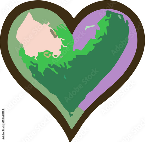 Abstract heart shape with green, pink, and lavender tones blending softly in an organic, nature-inspired pattern.