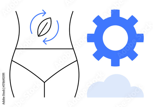 Minimalist design featuring a human waistline with arrows around a leaf symbol, a gear, and a cloud. Ideal for health, sustainability, fitness, self-care, eco-consciousness technology innovation. A