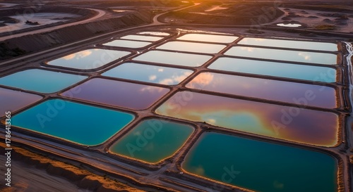 Aerial view of multicolored geometric pattern in salt evaporation ponds at sunset