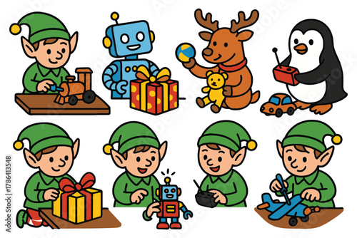 Cute christmas elves and toys celebrating the holidays and making gifts together