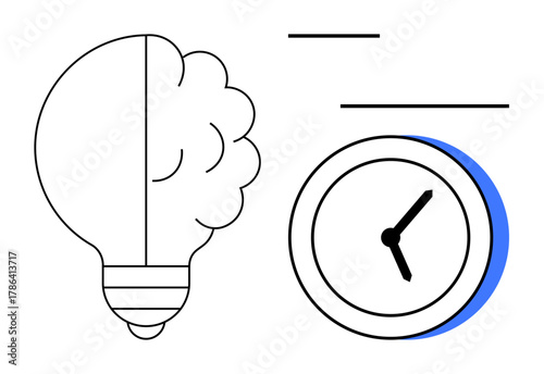 Brain-shaped light bulb and clock, expressing creativity, time, planning. Ideal for innovation, productivity, time management, efficiency brainstorming strategy and focus. Simple flat metaphor