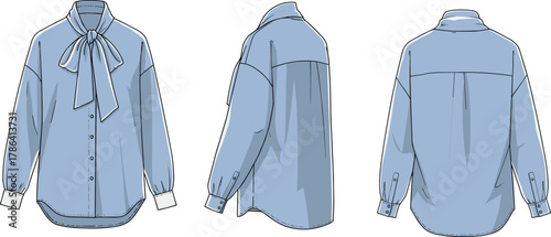 Women's blouse fashion sketch, technical garment illustration, bow tie collar, button-down shirt, front side back view, apparel design template
