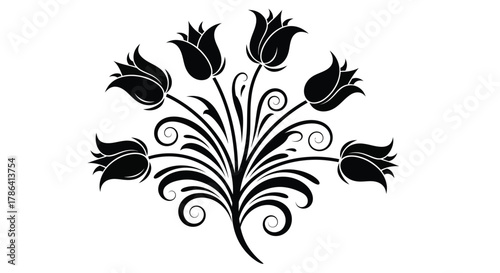 Elegant black floral arrangement with stylized tulip shapes and swirling leaves