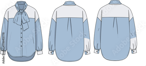 Women's blouse technical sketch, fashion flat design, front back side view, bow tie, two-tone garment, long sleeve, apparel illustration