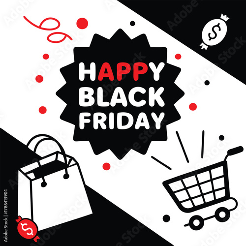 Black Friday shopping bag and cart with dollar signs and red dots sale discount