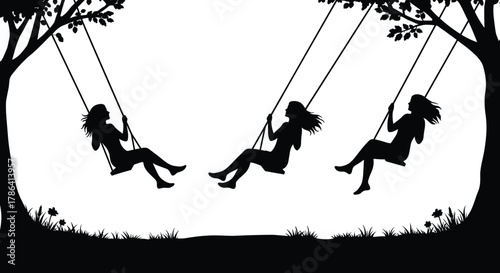 Children, swings, silhouette, trees, outdoor, nature, playtime, leisure, childhood, motion, freedom, forest, park, fun, happy, peaceful, landscape, black, white, illustration