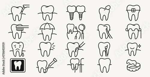 Dental Line Icons Set — Oral Hygiene, Tooth Treatment, and Dental Care