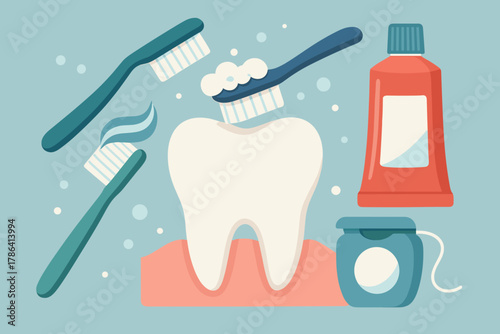 Tooth Care Illustration with Toothbrush, Toothpaste, and Dental Floss