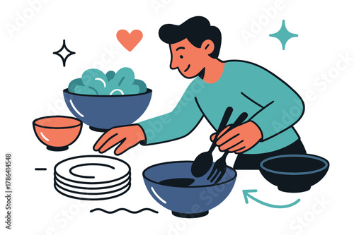 Dynamic Dining Preparation. Serving preparation. A person arranging serving bowls and utensils with glowing