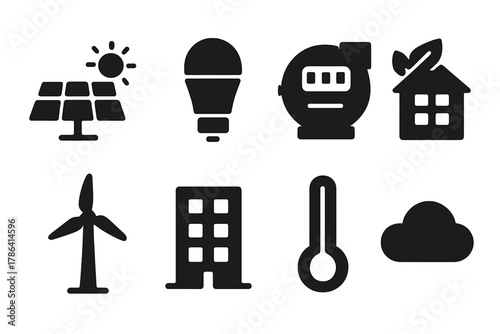 Energy-Efficient Icon Set. Energy-efficient buildings. Filled icon set of energy-efficient buildings: solar