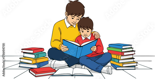 A father and son are sitting together reading a book, surrounded by stacks of books on the floor.