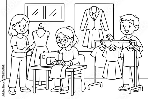 Fashion Design Coloring Page. Design studio children?s coloring book illustration, outlined drawing, designers