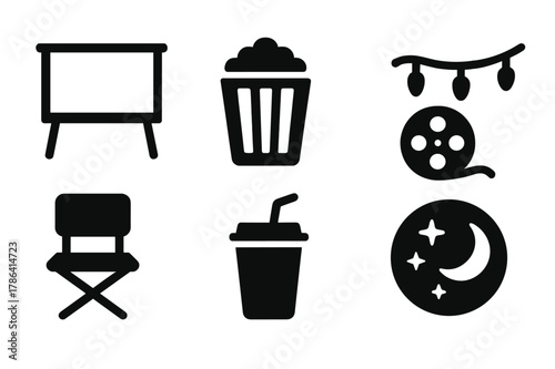 Outdoor Movie Icons. Outdoor movie night. Filled icon set of outdoor movie night: projector screen, picnic