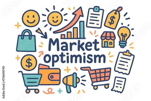 Market Optimism Doodles. Market optimism. Hand-drawn doodle illustration of Market optimism. Bar chart, arrow,