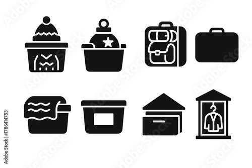 Seasonal Storage Icons. Seasonal storage. Filled icon set of seasonal storage: winter clothes box, holiday