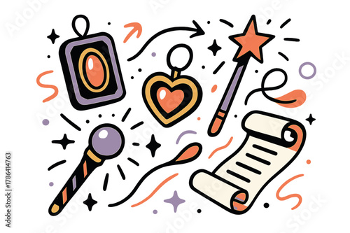 Enchanted Objects Hover. Floating artifacts. Glowing enchanted objects like amulets, wands, and scrolls