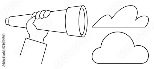 Hand gripping telescope aimed at abstract clouds, symbolizing foresight, discovery, observation, and planning. Ideal for vision, strategy, innovation, future thinking exploration research simple