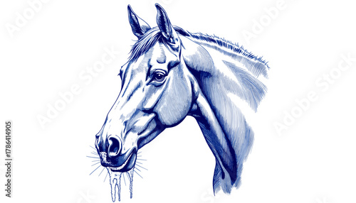 Vintage sketch of a horse with frost on muzzle in blue ink  