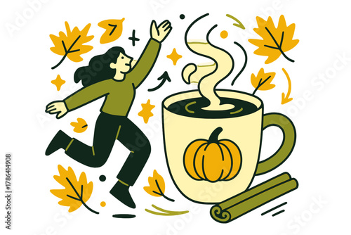 Autumn Spice Delight. Pumpkin spice everything. A cozy autumn scene with a steaming pumpkin spice latte,