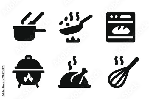 Cooking Techniques Icons. Cooking techniques. Filled icon set of cooking techniques: stir, saute, boil, bake,