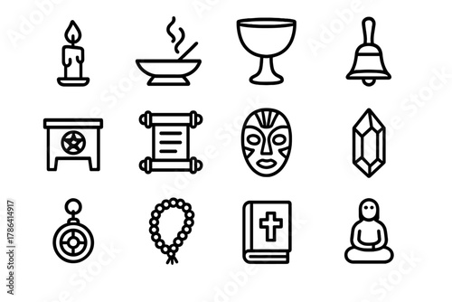 Ritual Tools Icons. Ritual tools. Line outline icon set of ritual tools: candle, incense burner, chalice, bell