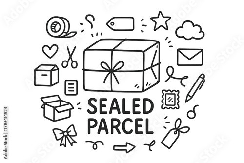 Sealed Parcel Doodles. Sealed Parcel. Hand-drawn doodle illustration of Sealed Parcel. In the middle, one