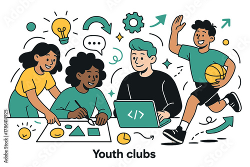 Dynamic Youth Collaboration. Youth clubs. Teenagers collaborating on group projects, coding, or sports;