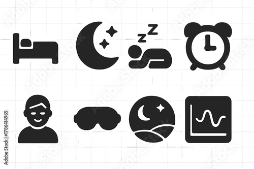 Sleep and Recovery Icons. Sleep and recovery. Filled icon set of sleep and recovery: bed icon, moon and stars,