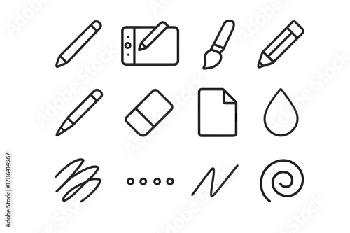Digital Drawing Tools Icons. Digital drawing tools. Line outline icon set of digital drawing tools: stylus pen