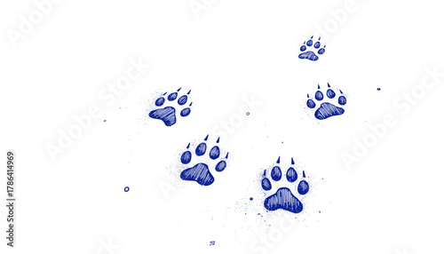 Vintage sketch of cat paw prints in snow with blue ink  