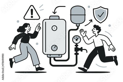 Safety System Integration. Safety system integration. Boiler linked to expansion tank, pressure valve, and