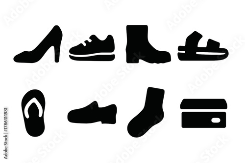 Footwear Icons Grid. Footwear fashion. Filled icon set of footwear fashion: high heel shoe, sneaker, boot,
