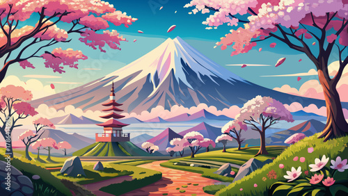 Very beautiful distant view of snow-capped Mount Fuji surrounded by blooming cherry blossoms, featuring soft spring light, clear sky, and a realistic serene Japanese landscape.