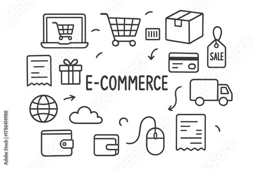 E-Commerce Doodle Icons. E-Commerce. Hand-drawn doodle illustration of E-Commerce. laptop, shopping cart,