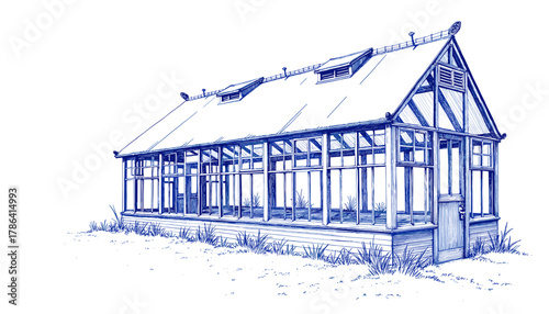 Vintage sketch of greenhouse with blue ink and snow on roof  