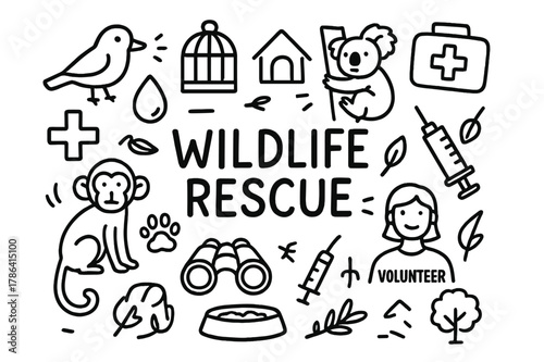 Wildlife Rescue Doodle. Wildlife Rescue. Hand-drawn doodle illustration of wildlife rescue and rehabilitation