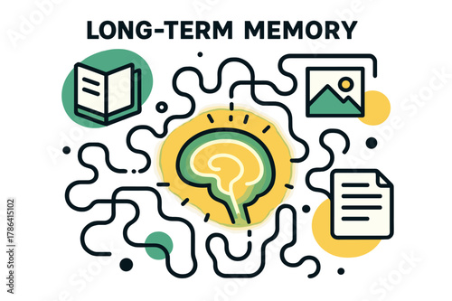 Hippocampus Memory Pathways. Long-term memory. A stylized hippocampus glowing, abstract pathways leading to