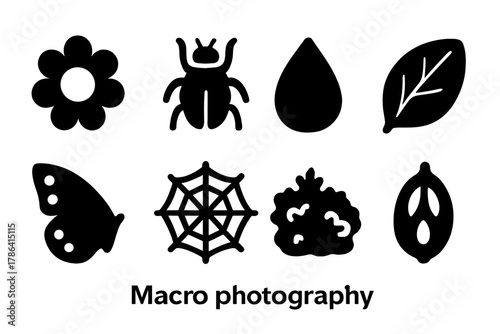 Black Macro Icons. Macro photography. Filled icon set of macro photography: close-up flower, insect, water
