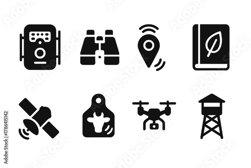 Wildlife Monitoring Icons. Wildlife monitoring. Filled icon set of wildlife monitoring: camera trap,