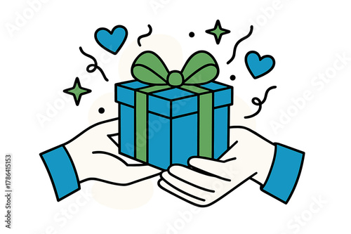 Heartfelt Gift Offering. Thoughtful presents. Close-up of hands offering a gift box with floating abstract