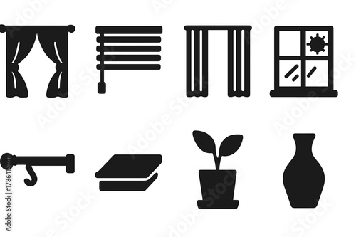 Window Treatment Icons. Window treatments. Filled icon set of window treatments: curtains, blinds, sheer